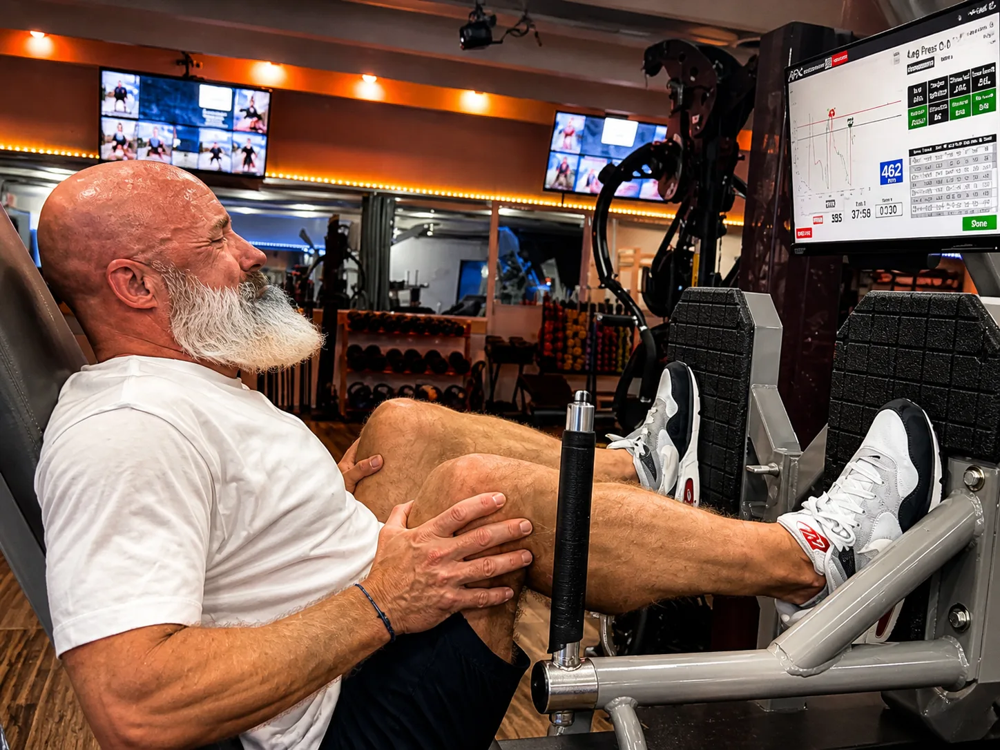 Senior member leg-pressing 462 lb on ARX Alpha at KalQlate Science Hendersonville TN longevity training